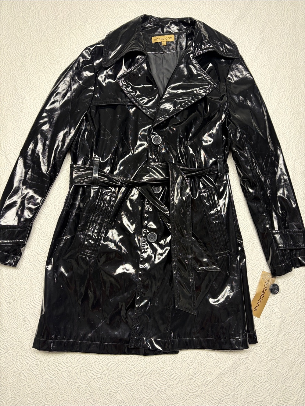 Notations Vintage Black Patent Trench with Waist Tie